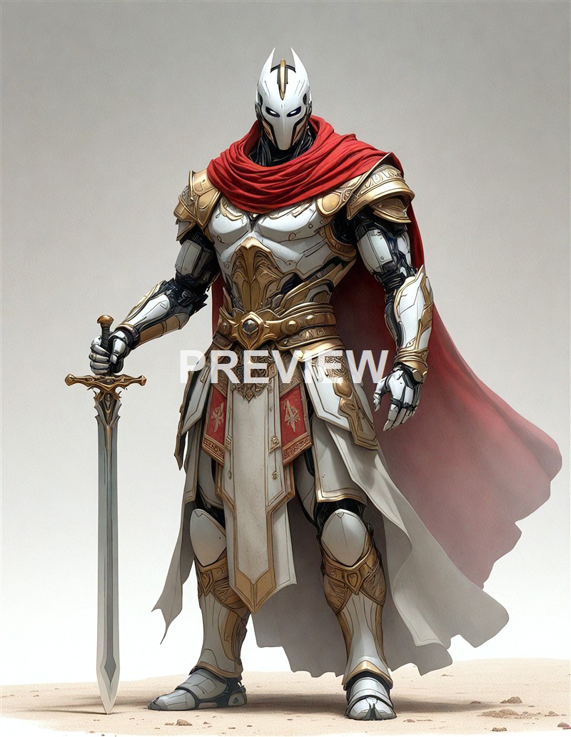 A heavily armored knight with a futuristic design, wearing a white and gold suit with a red cape and holding a sword, standing on a neutral background.